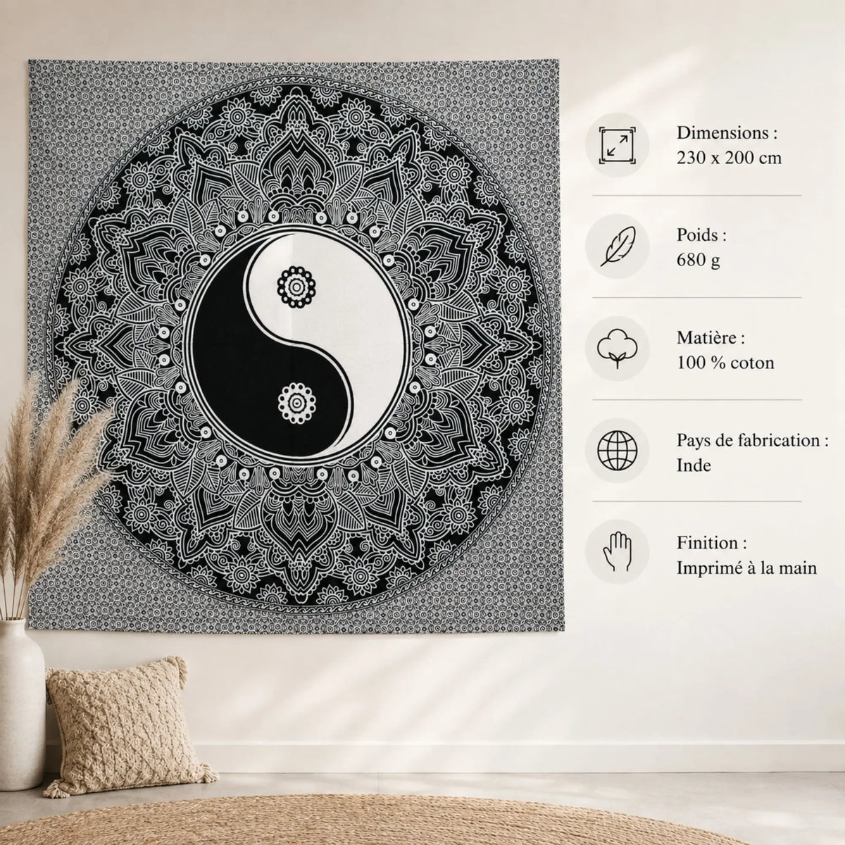 Tenture Yin Yang mandala noir et blanc avec dimensions 230 x 200 cm et caractéristiques