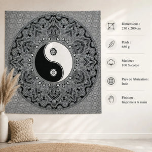 Tenture Yin Yang mandala noir et blanc avec dimensions 230 x 200 cm et caractéristiques