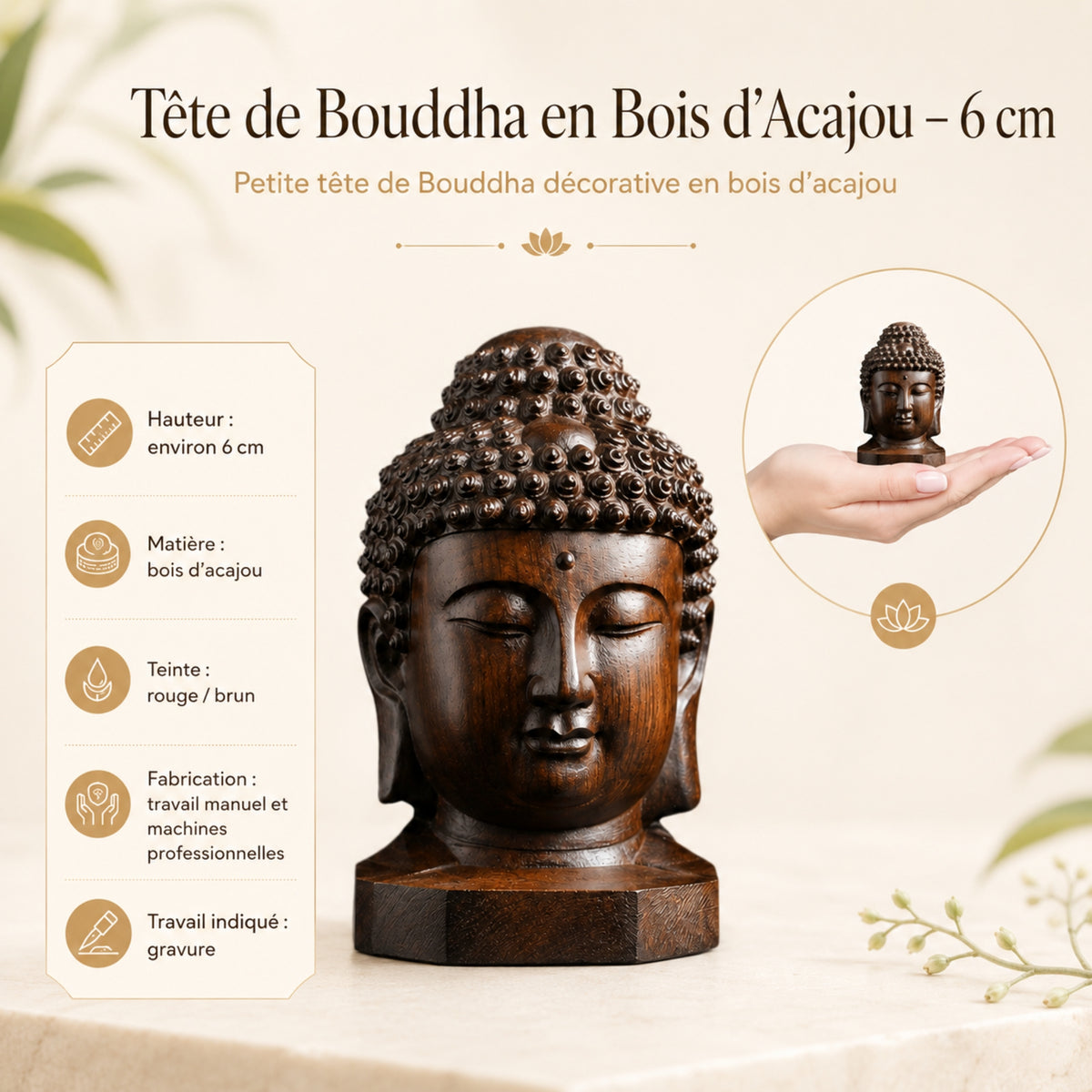 Caractéristiques de la Tête de Bouddha en bois d’acajou 6 cm avec matière, teinte et fabrication