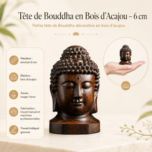Caractéristiques de la Tête de Bouddha en bois d’acajou 6 cm avec matière, teinte et fabrication