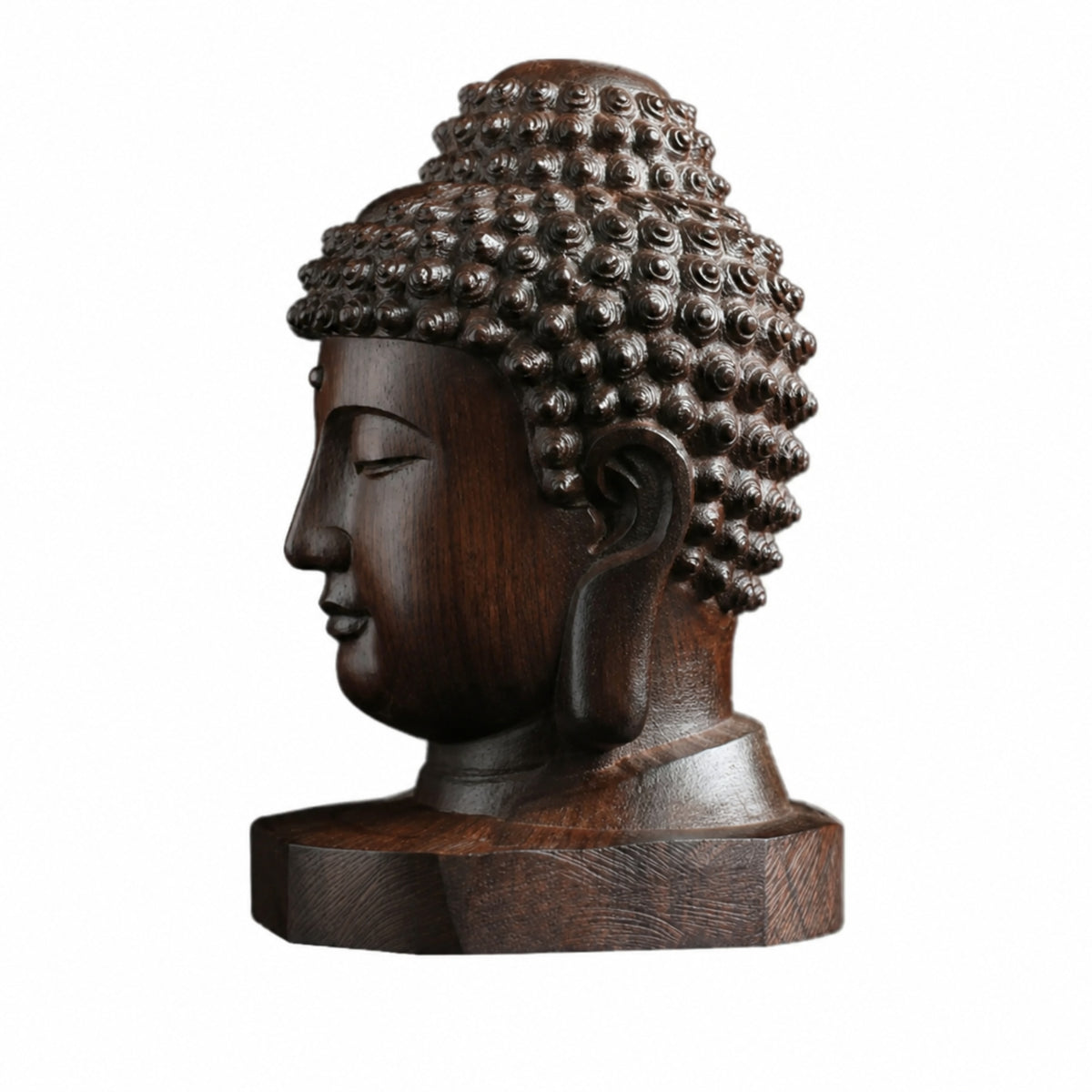 Vue de profil de la Tête de Bouddha en bois d’acajou montrant le visage et les cheveux sculptés