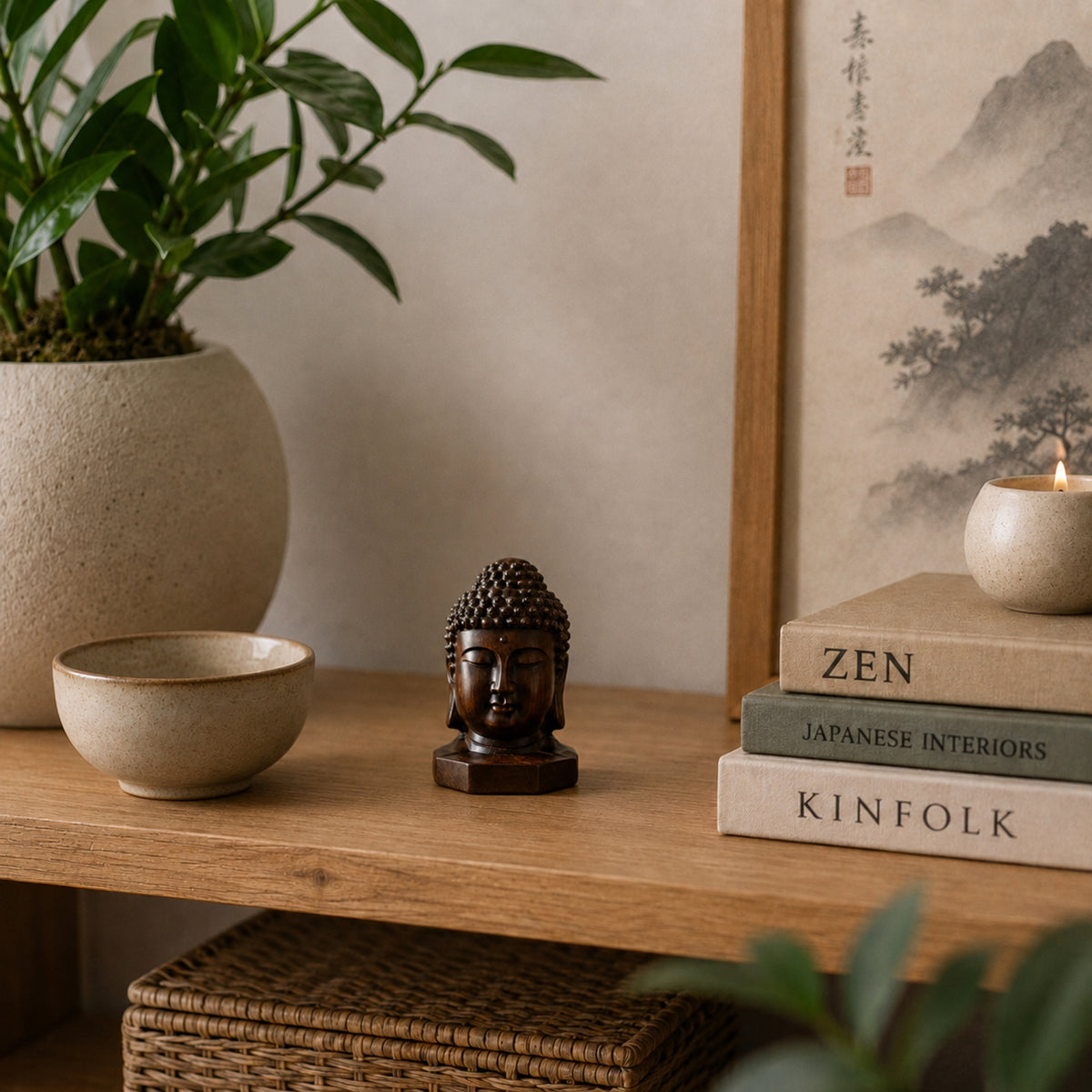 Tête de Bouddha en bois d’acajou mise en scène sur une étagère dans une décoration intérieure zen