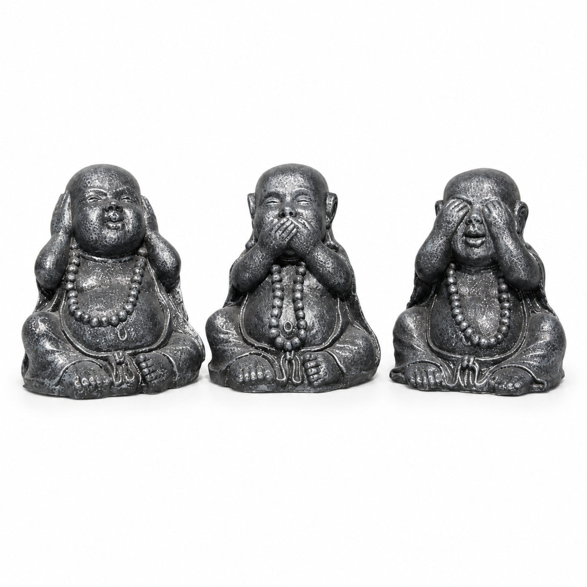 Trio de Bouddhas Rieurs Chinois de la Sagesse gris antique de 40 cm, vue de face sur fond blanc