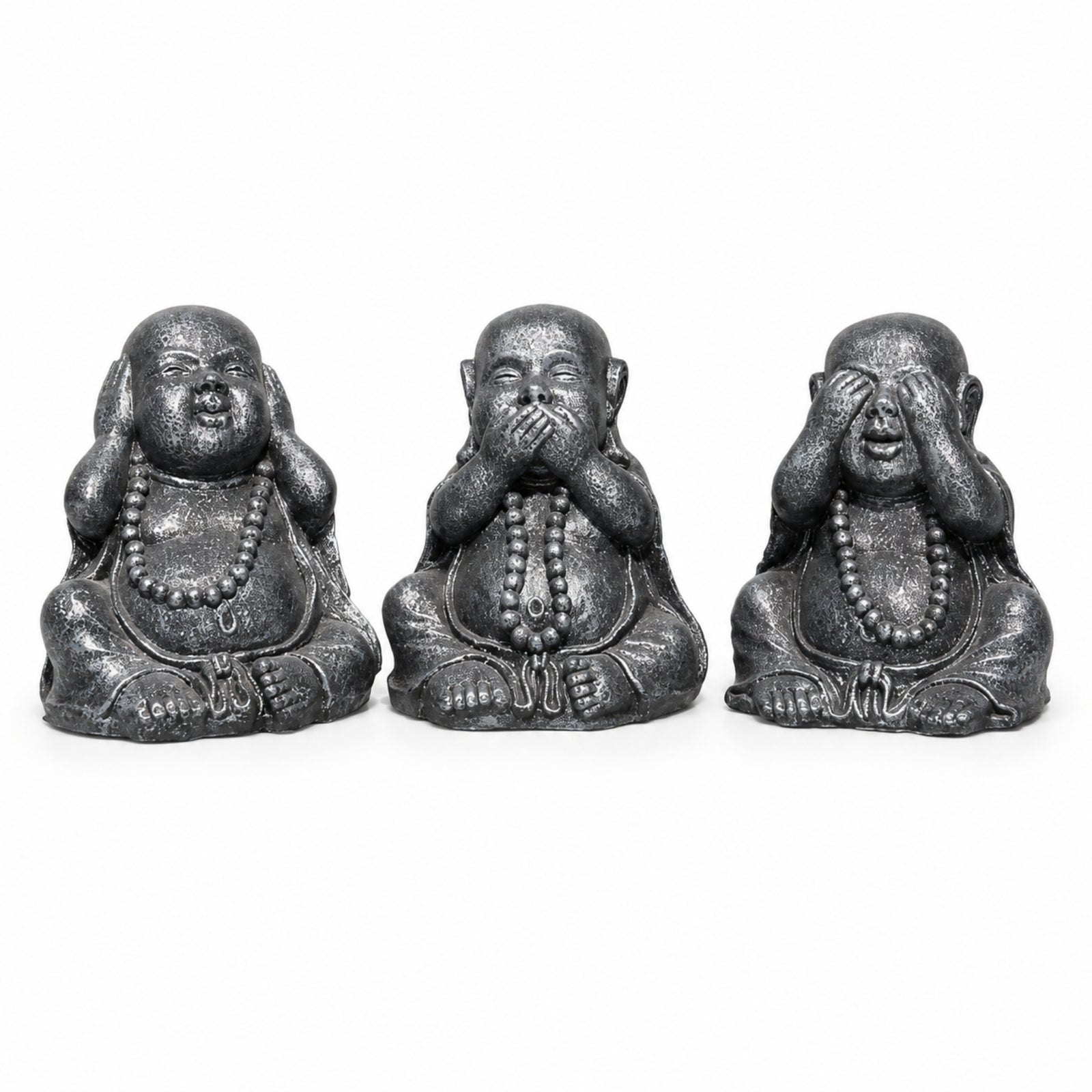 Trio de Bouddhas Rieurs Chinois de la Sagesse gris antique de 40 cm, vue de face sur fond blanc