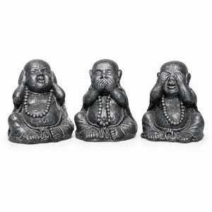 Trio de Bouddhas Rieurs Chinois de la Sagesse gris antique de 40 cm, vue de face sur fond blanc