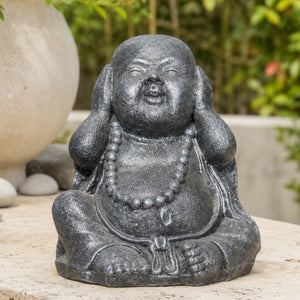 Bouddha rieur chinois de la sagesse gris antique symbolisant ne rien entendre en décoration extérieure