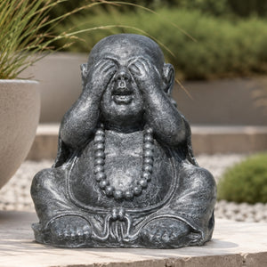 Bouddha rieur chinois de la sagesse gris antique symbolisant ne rien voir en décoration de jardin