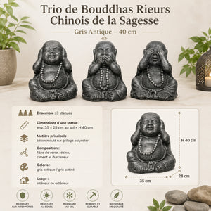 Caractéristiques du Trio de Bouddhas Rieurs Chinois de la Sagesse gris antique 40 cm avec dimensions, matière et usage