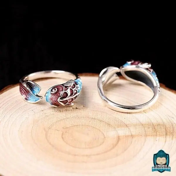 Bague-Bouddhiste-Porte-bonheur-poisson-d-or-ajustable-en-acier-inoxydable-couleurs-bleu-bordeaux-argente
