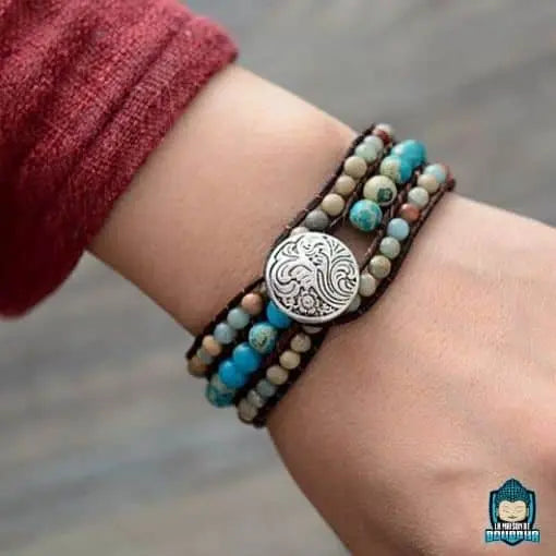 Bracelet-En-Jaspe-Multicolore-perle-pierre-synthetique-verte-rouge-multirang-laniere-en-cuir-veritable-fermoir-en-bouton-rond-metallise-porte-au-poignet-main-gauche