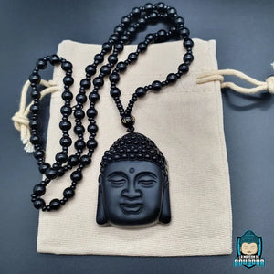 Collier-Bouddha-Obsidienne-perles-rondes-noires-brillantes-pendentif-tete-de-Bouddha-noire-mate-La-Maison-de-Bouddha