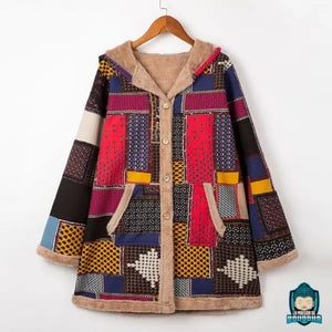 Manteau-capuche-coton-imprime-ethnique-polyester-fourre-a-l-interieur-fermeture-boutonnee