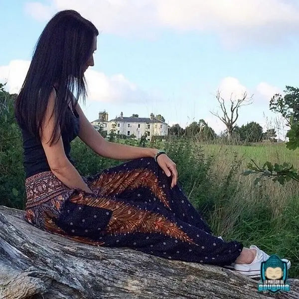 Pantalon Ethnique Fluide Motif Plume de Paon Noir Pantalons La Maison de Bouddha