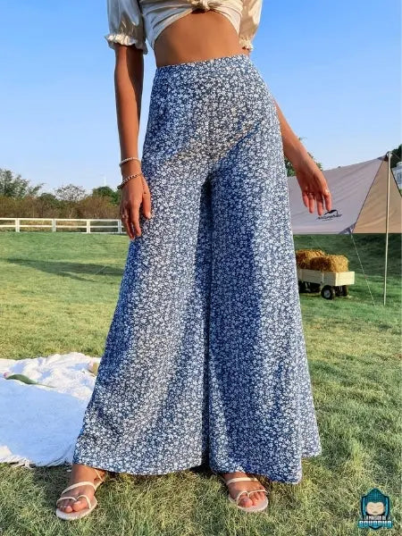 Pantalon fluide ample taille haute imprimé floral bleu