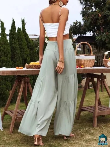 Pantalon-palazzo-femme-taille-haute-Vert-Celadon-en-coton-large-ceinture-bandeau-et-fermeture-eclair-vue-arriere