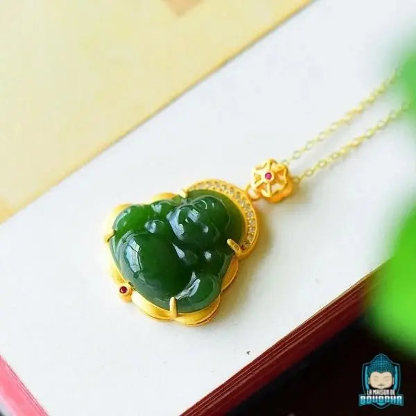 Pendentif Bouddha En Jade Naturel Avec Feuille D'or 24 Carats - Bijou élégant Pour Hommes Et Femmes - 8