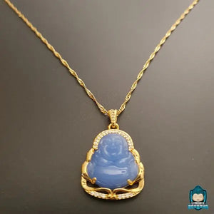 Pendentif-Bouddha-Rieur-jade-Bleu-contour-strass-chaine-couleur-or-18k-La-Maison-de-Bouddha