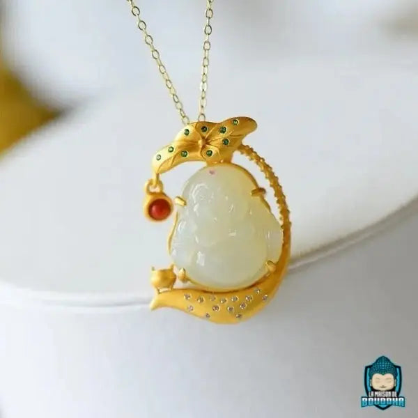 Pendentif Bouddha Rieur En Jade Blanc - Pierre Naturelle - Bijou Unisexe