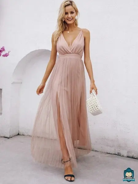 Robe-d-ete-longue-fluide-rose-poudre-polyester-La-Maison-de-Bouddha