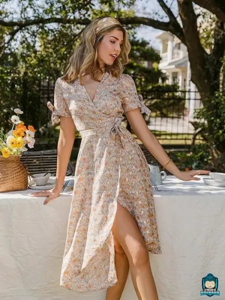 Robe-midi-portefeuille-fluide-Imprimee-Florale-bandana-couleur-terre-a-pois-blanc