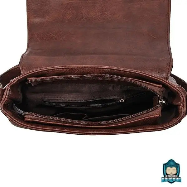 Sac-Bandouliere-Besace-Cuir-Marron-Synthetique-Motif-Ethnique-interieur-sac-doublure-polyester-multi-poches-zip