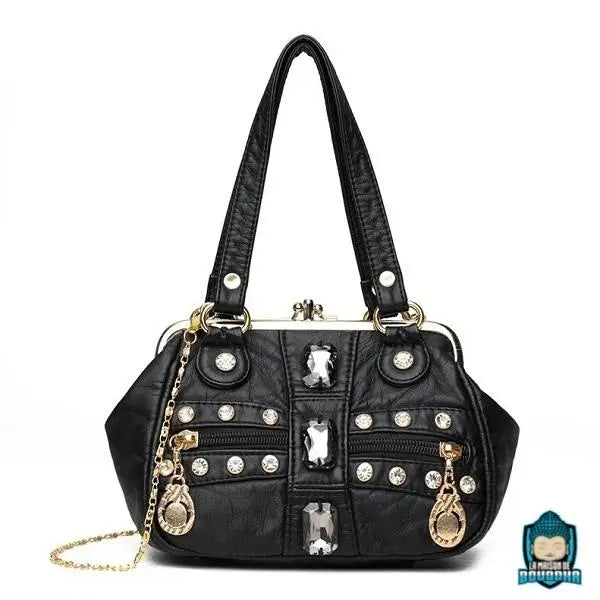 Sac à Main Femme Vintage Fermeture Kiss Lock - Simili Cuir, Bandoulière Amovible, Poignée Perles - 12
