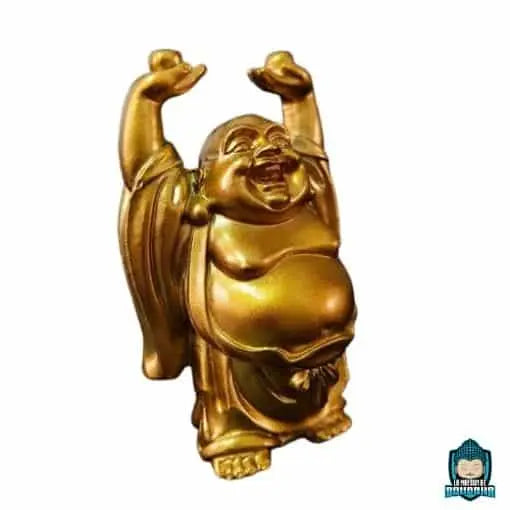 Statue Bouddha rieur en bois Feng Shui sculptée à la main tenant la main  Yuan Bao Bouddha rieur - S : : Cuisine et maison