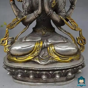Statuette Bouddha Tara en Cuivre Blanc Assis en Position du Lotus