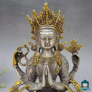 Statuette Bouddha Tara en Cuivre Blanc Assis en Position du Lotus