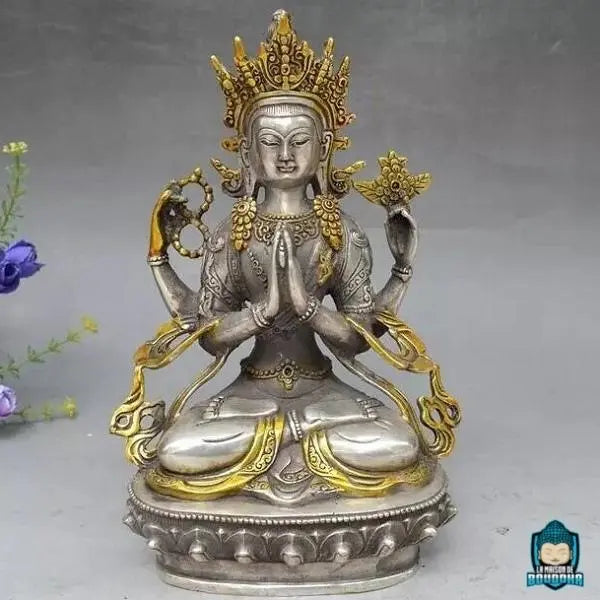 Statuette Bouddha Tara en Cuivre Blanc Assis en Position du Lotus