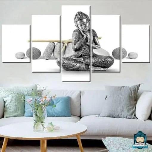 Tableau-Bouddha-Argent-5-parties-Bouddha-argente-La-Maison-de-Bouddha