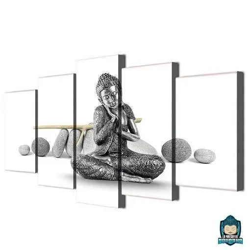 Tableau-Bouddha-Argent-5-parties-Bouddha-argenté