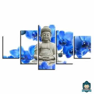 Tableau-bouddha-orchidee-pierre-fleur-bleue-5-panneaux-La-Maison-de-Bouddha