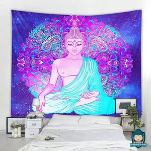 Tapisserie-Bouddha-bhumisparsa-mudra-tenture-toile-en-polyester-couleurs-bleu-violet-rose-La-Maison-de-Bouddha