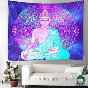 Tapisserie-Bouddha-bhumisparsa-mudra-tenture-toile-en-polyester-multicolore-bleu-violet-rose