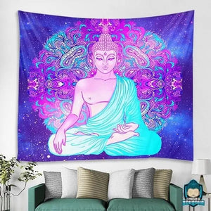Tapisserie-Bouddha-bhumisparsa-mudra-tenture-toile-tissu-en-polyester-couleurs-bleu-violet-rose