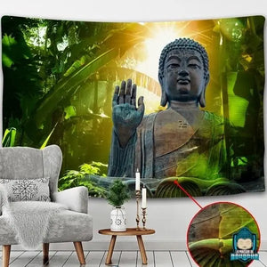 Tapisserie-Murale-Bouddha-Abhaya-Mudra-decor-foret-tropicale-soleil-toile-tenture-en-polyester