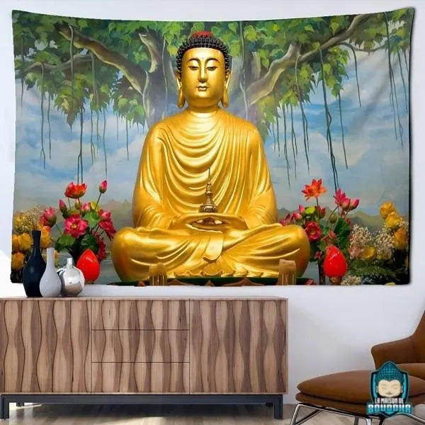 Tapisserie-Murale-Bouddha-Dore-tenture-en-matiere-polyester