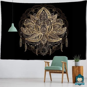 Tapisserie-Murale-Noir-et-Or-Lotus-tenture-en-polyester-illustration-fleur-de-lotus-et-mandala-attrape-reve-La-Maison-de-Bouddha