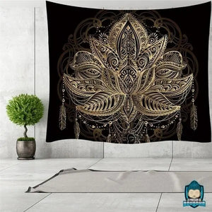 Tapisserie-Murale-Noir-et-Or-Lotus-tenture-en-tissu-polyester-illustration-fleur-de-lotus-et-mandala-attrape-reve
