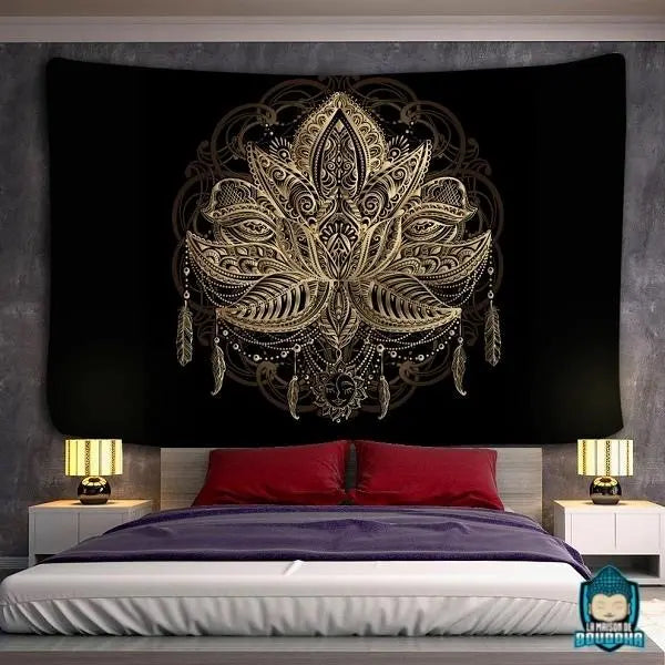Tapisserie-Murale-Noir-et-Or-Lotus-tenture-imprimee-en-polyester-illustration-fleur-de-lotus-et-mandala-attrape-reve