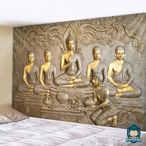 Tenture-Bouddhiste-Tibetain-tapisserie-murale-en-polyester-couleurs-or-cuivre-en-relief-repesentation-Bouddha-et-bodhhisattvas