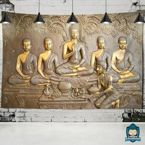 Tenture-Bouddhiste-Tibetain-tapisserie-murale-en-polyester-couleurs-or-cuivre-repesentation-Bouddha-et-bodhhisattvas