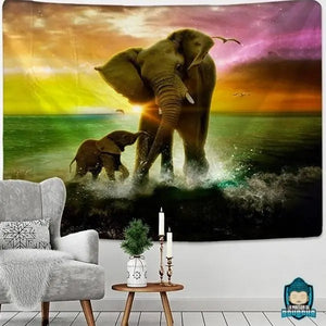 Tenture-Elephant-couleurs-tapisserie-murale-en-polyester-mere-et-son-elephanteau-ocean