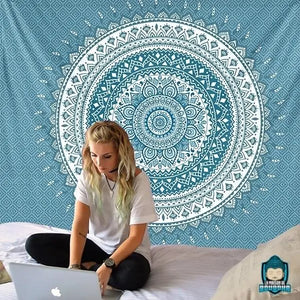 Tenture-Murale-Bleue-illustration-mandala-de-meditation-tapisserie-en-polyester