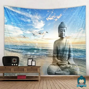 Tenture-Murale-Bouddha-Assis-en-meditation-decor-plage-bord-de-mer-tissu-en-polyester-La-Maison-de-Bouddha