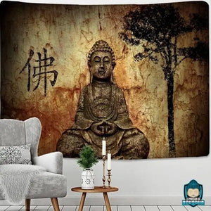 Tenture-Murale-Bouddha-Symbole-Bouddha-Assis-et-arbre-en-polyester-coloris-ocre
