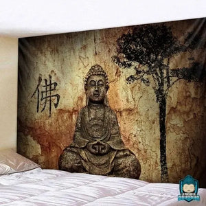 Tenture-Murale-Bouddha-Symbole-Bouddha-Assis-et-arbre-tapisserie-en-polyester-couleur-ocre