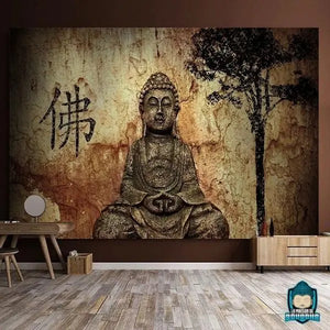 Tenture-Murale-Bouddha-Symbole-Bouddha-Assis-et-arbre-tapisserie-tissu-polyester-couleur-ocre