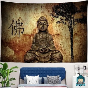 Tenture-Murale-Bouddha-Symbole-Bouddha-Assis-et-arbre-tapisserie-toile-en-polyester-couleur-ocre